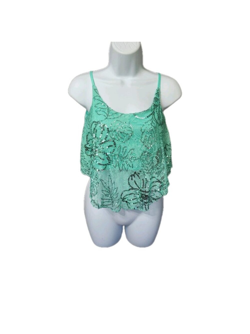 Y2K Womens Lace Sequin Glitter Top Medium Green Glam Sheer Overlay Fairy